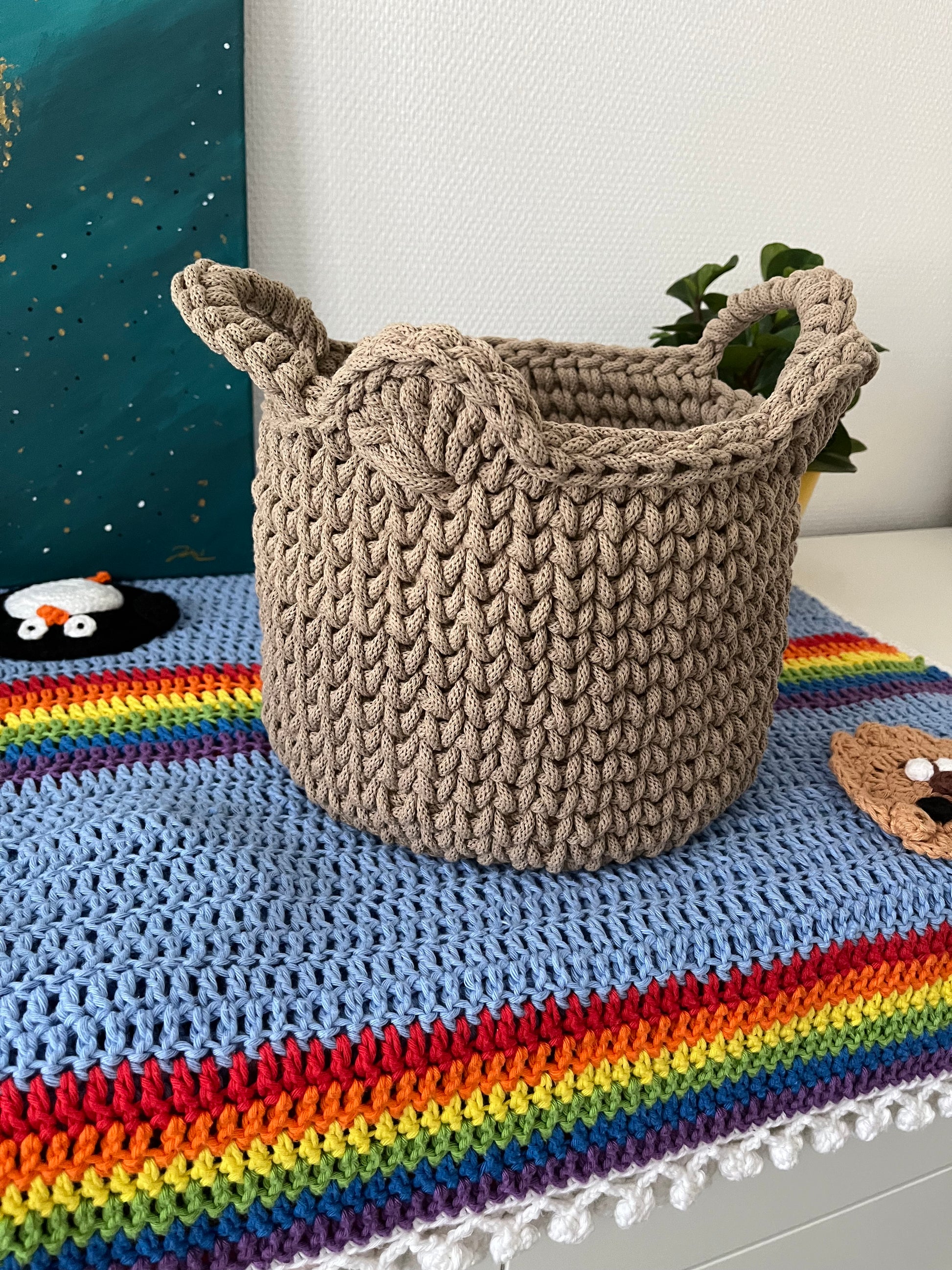 Handmade bear basket made from recycled cotton cord for toy storage in kids room