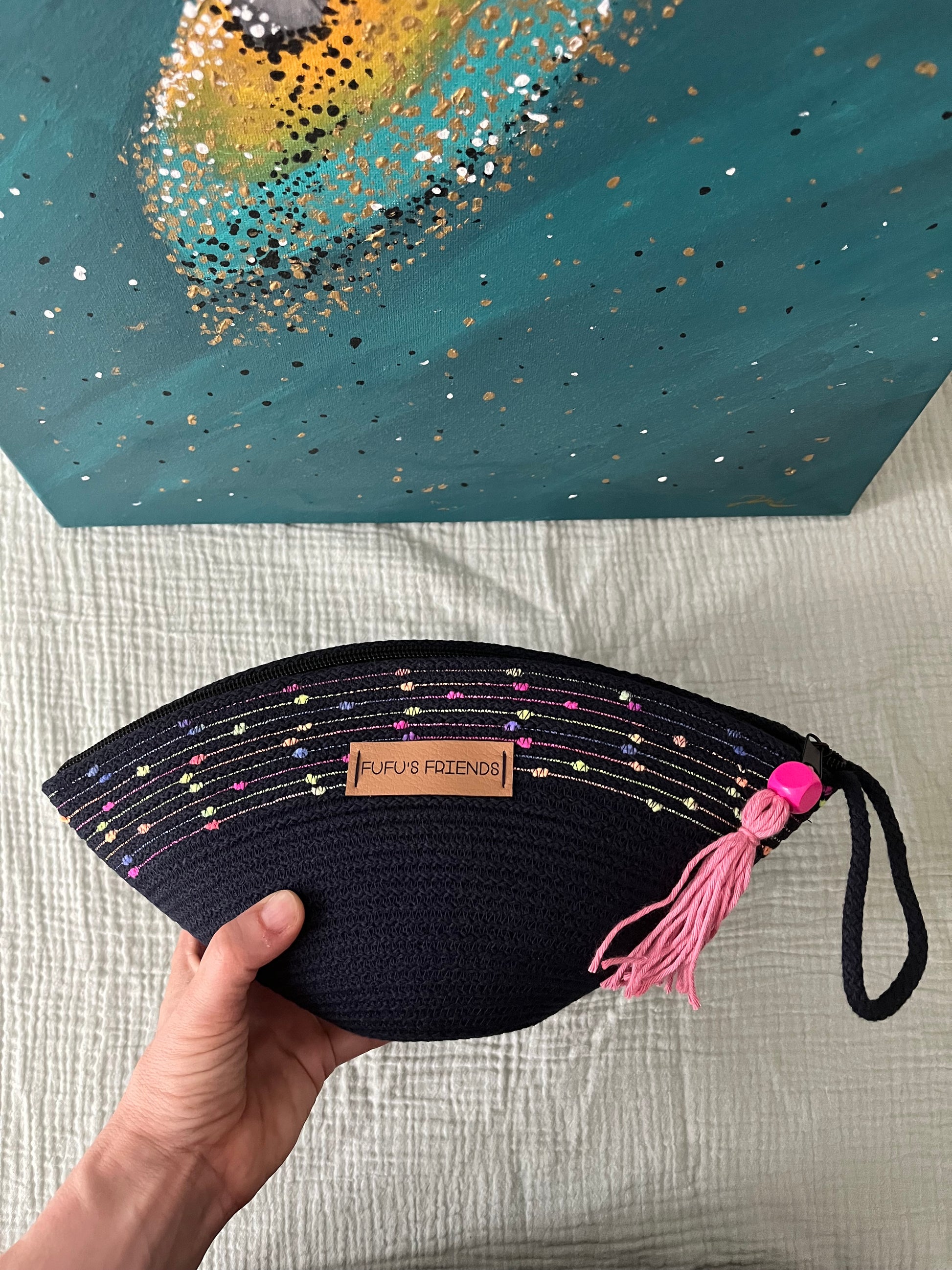 Handmade zipper pouch designed for practical and stylish storage.