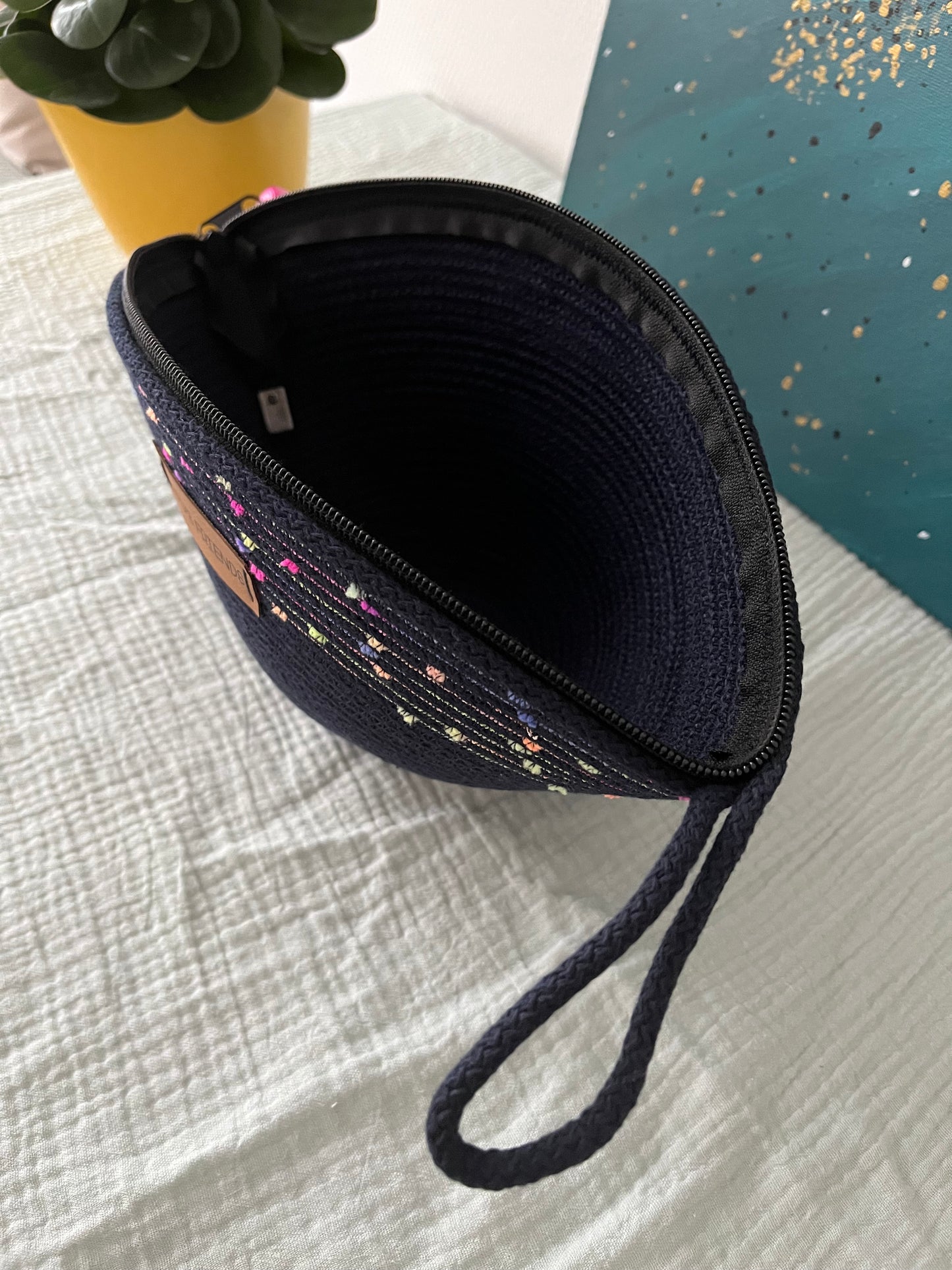 Structured shell pouch with decorative textured detail in Boho Navy Blue.